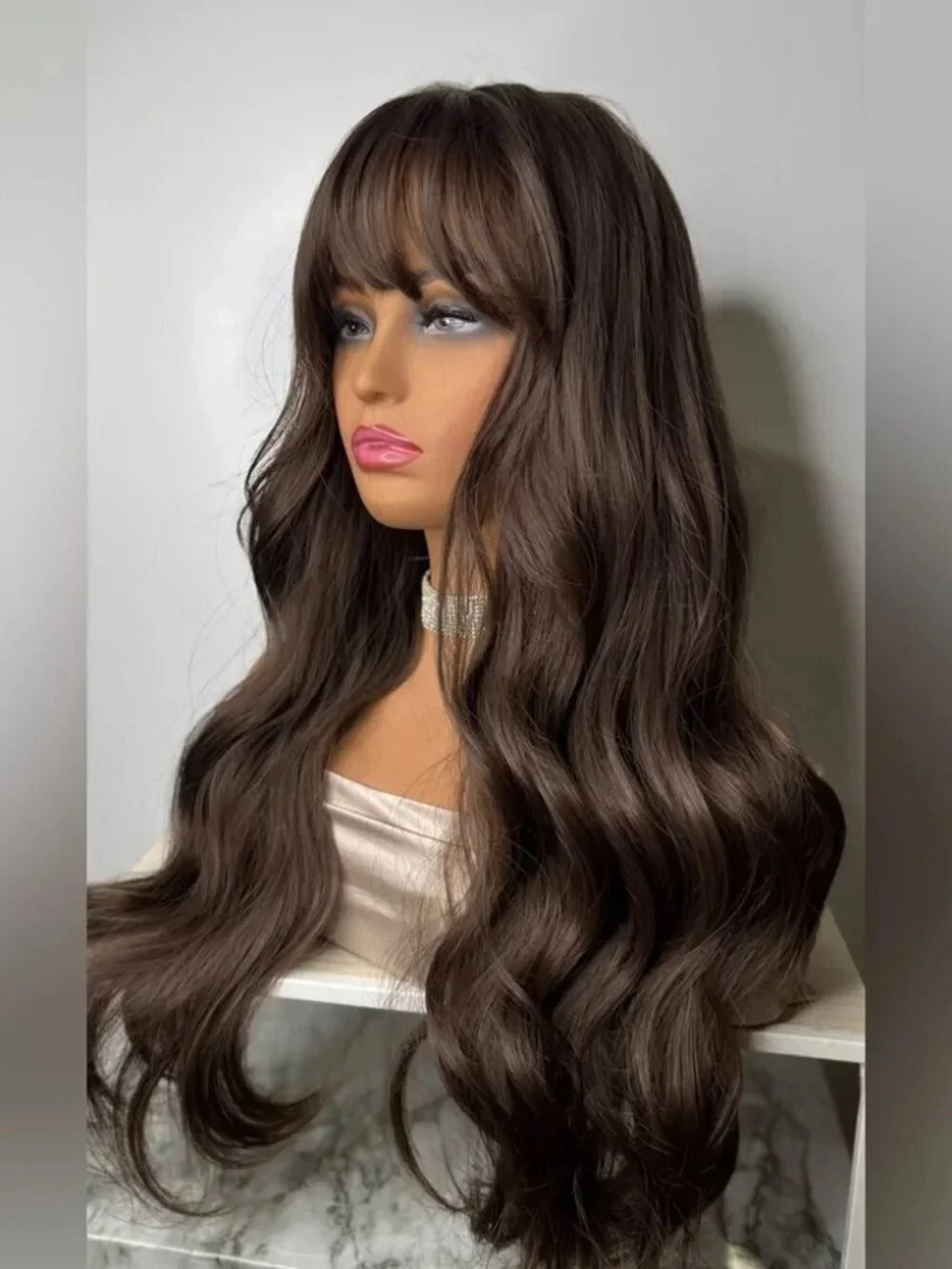 Long Mocha Brown Synthetic Wig w/ Bangs – 26” Wavy Hair – Natural Look